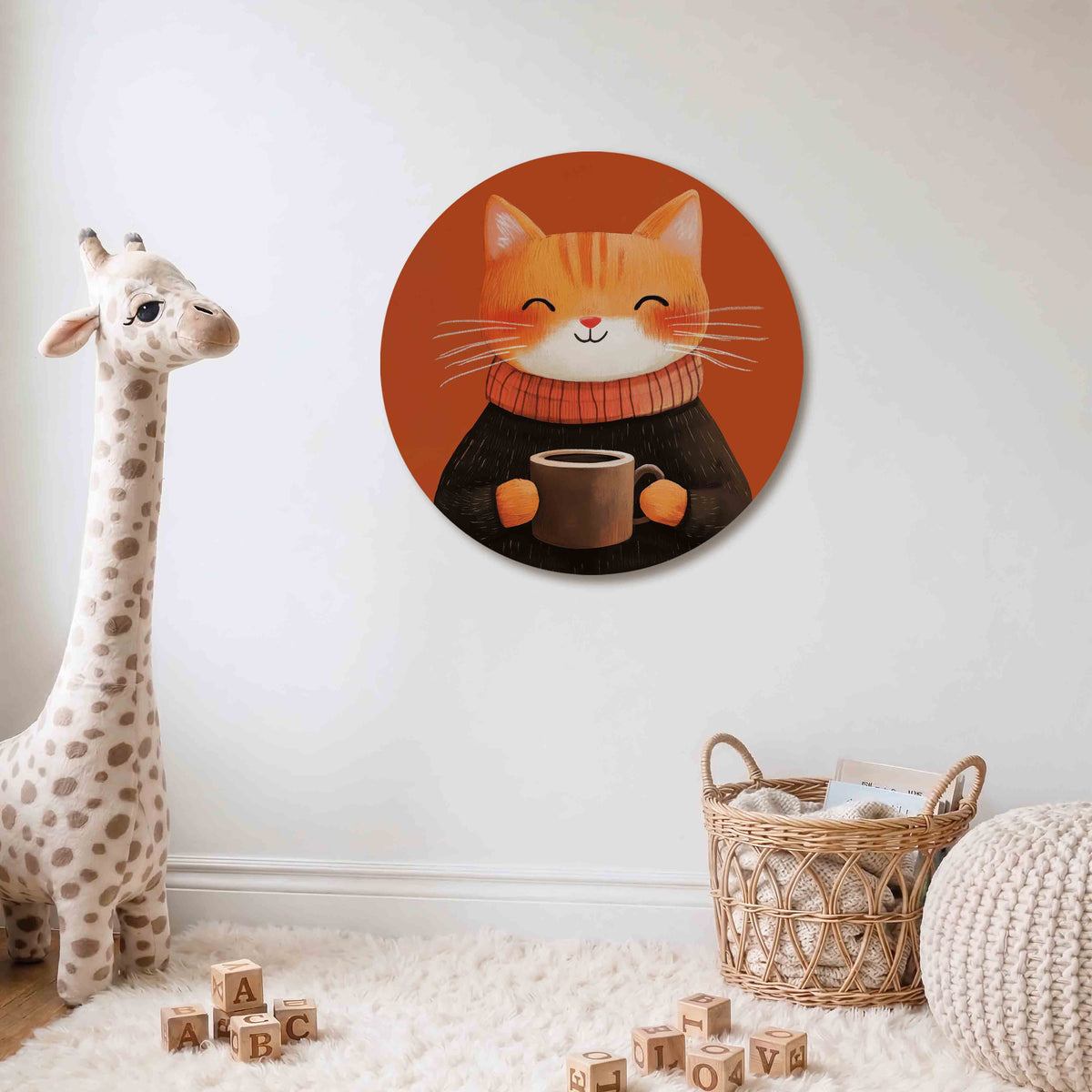 Lachende kat met mok Muurcirkel – Een lachende oranje kat met een mok tegen een oranje achtergrond.