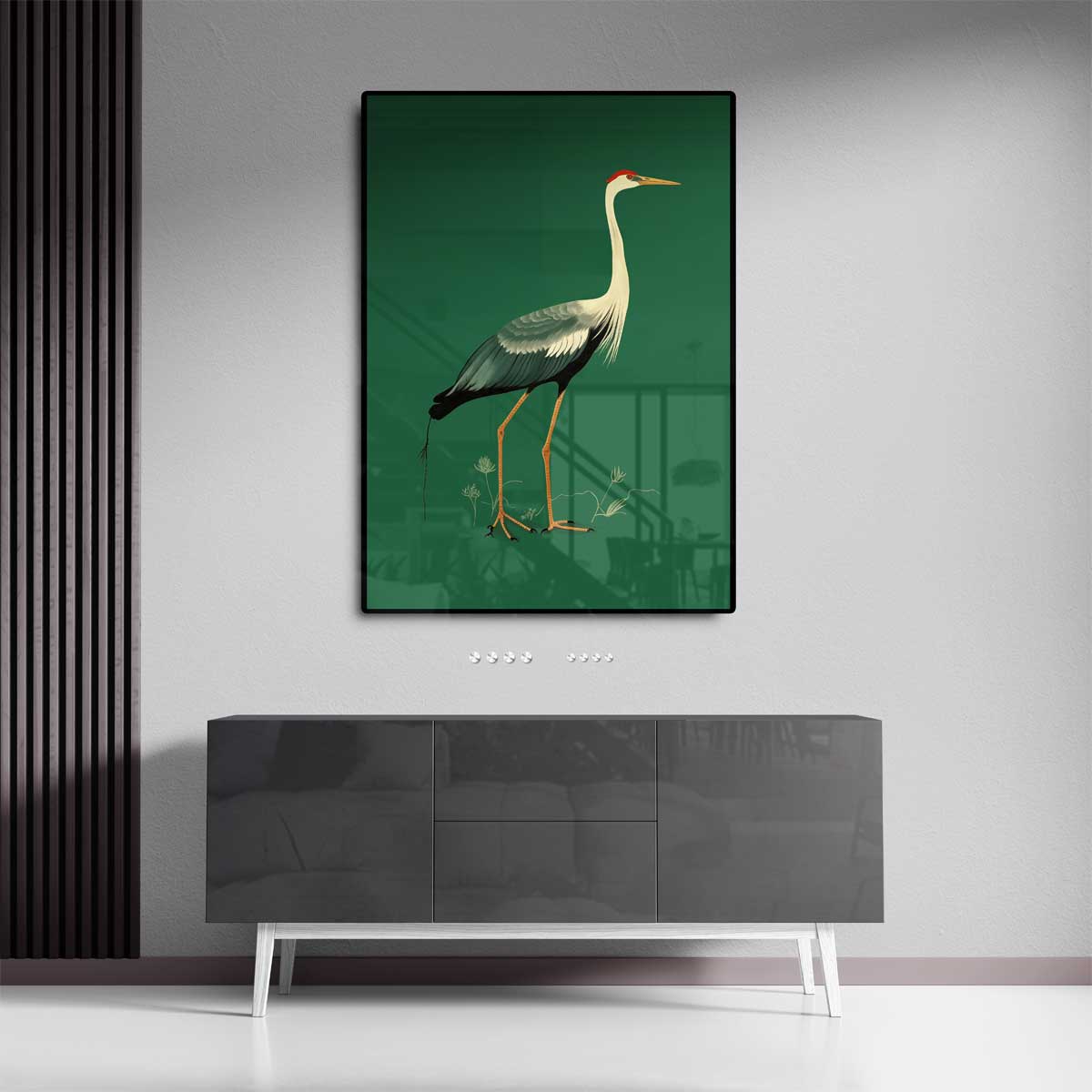 Elegante Kraanvogel Illustratie – dibond wanddecoratie in staand formaat