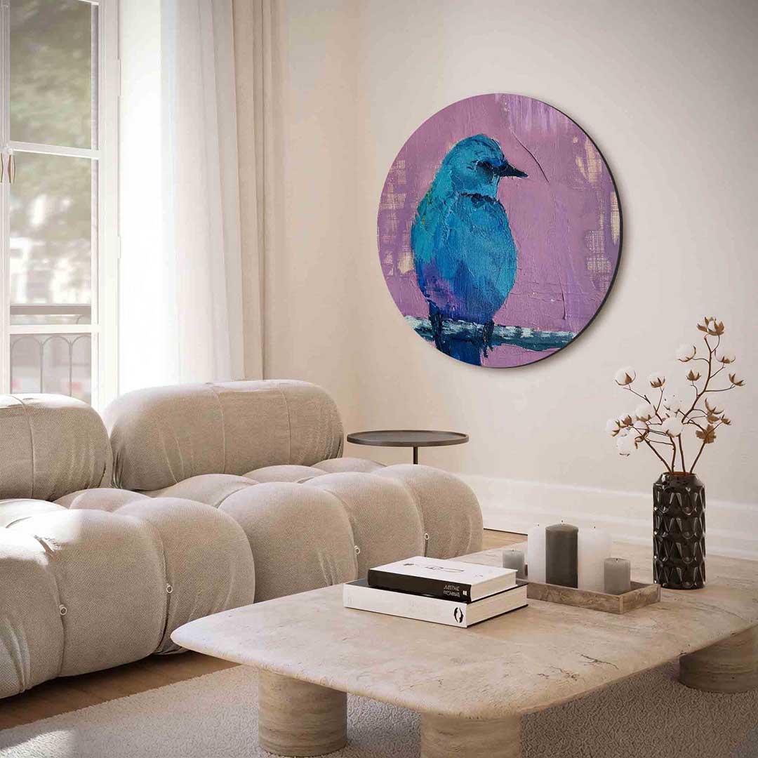 Blauwe vogel – portret muurcirkel als ronde muurdecoratie