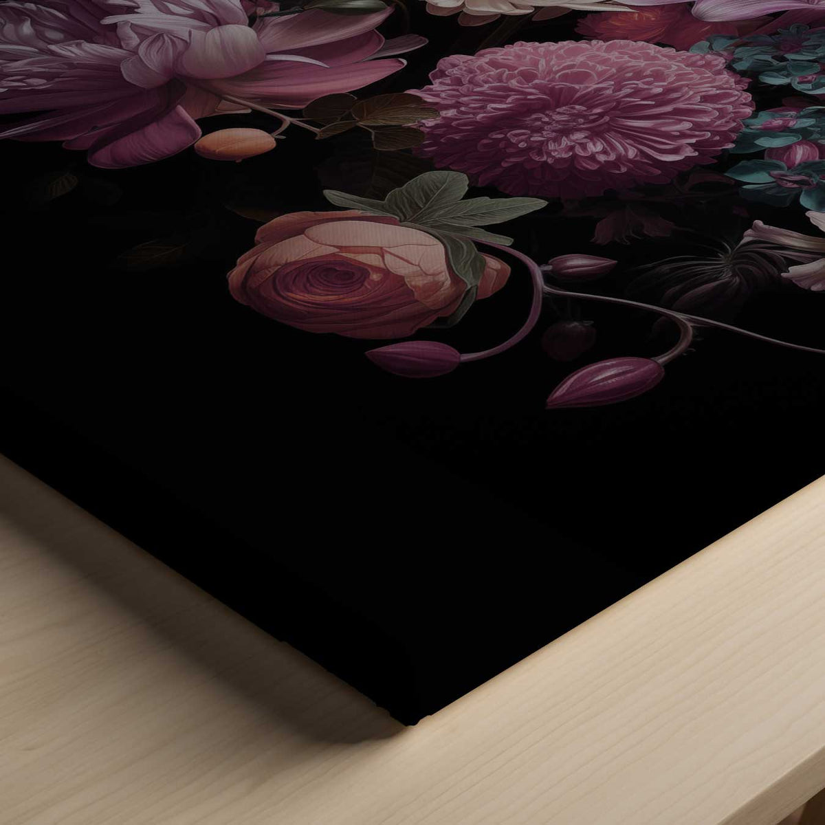 Bloemenexplosie in Donkere Zalen – canvas kunstwerk als wanddecoratie