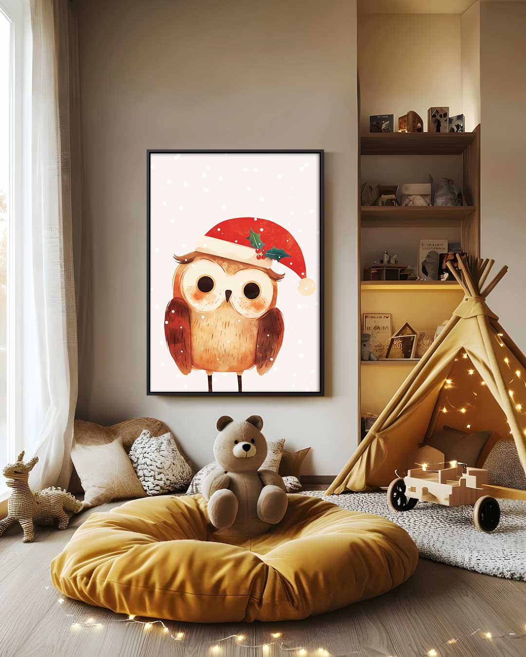 Kerstuil met Kerstmuts – staand kunstwerk voor modern interieur
