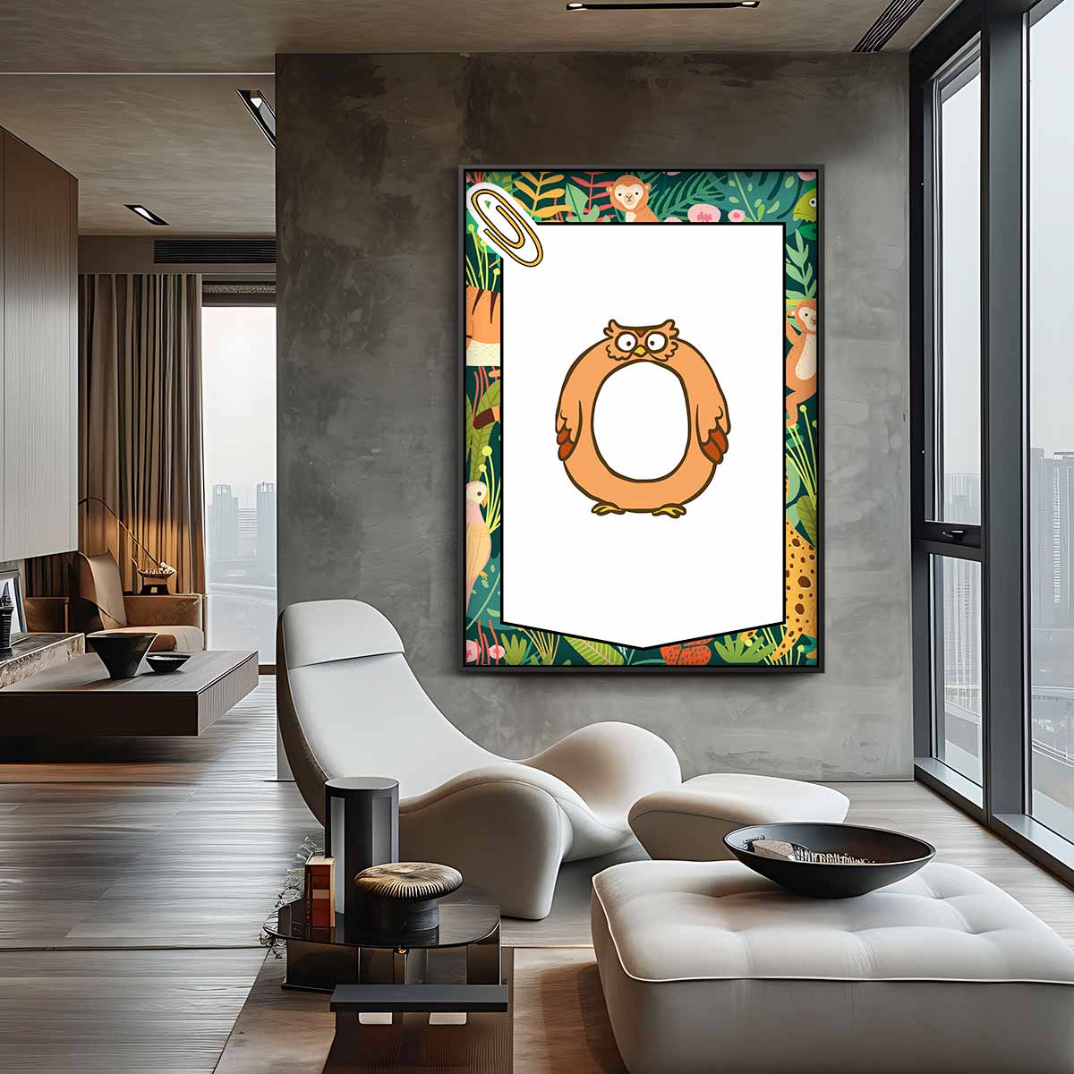 Speelse Oranje Uil Illustratie – canvas wanddecoratie in portret formaat