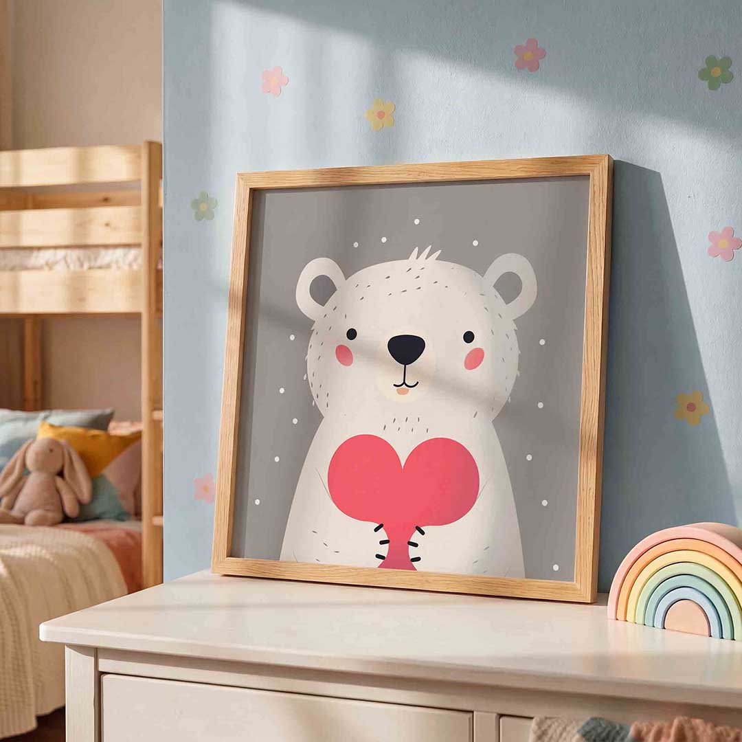 Witte beer met hart – speelse wandkunst als vierkante kinderposter