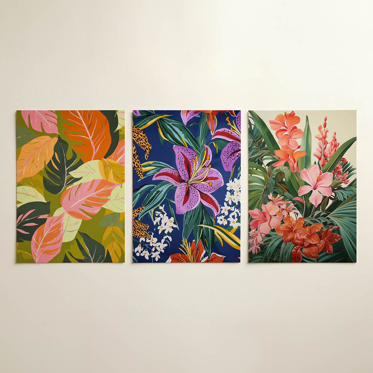 Bladpatroon kleurenmix driedelige posterset in interieur