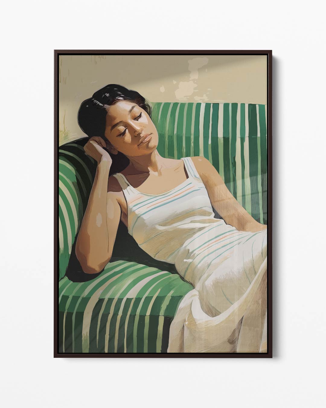 Dromerige Rust op een Groene Bank – portret kunstwerk als wanddecoratie