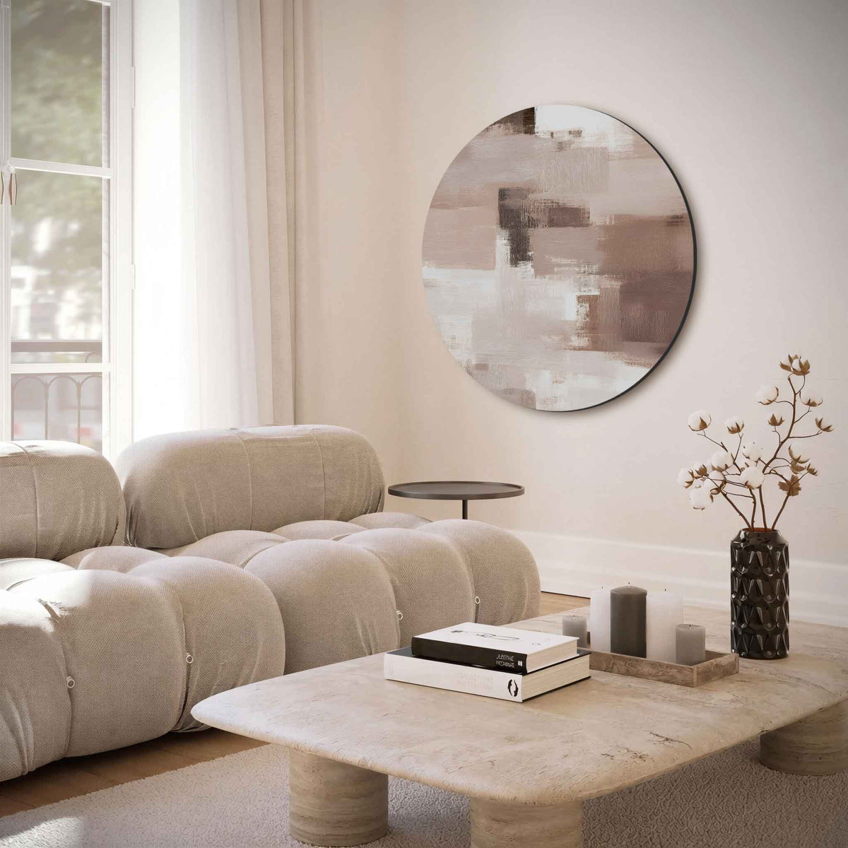 Abstracte beige – muurcirkel met abstracte texturen voor aan de muur