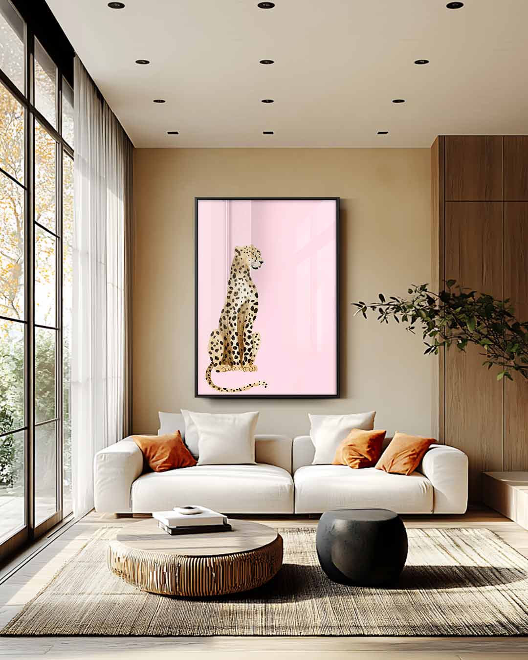 Elegante Luipaard op Roze Achtergrond – staand kunstwerk voor modern interieur