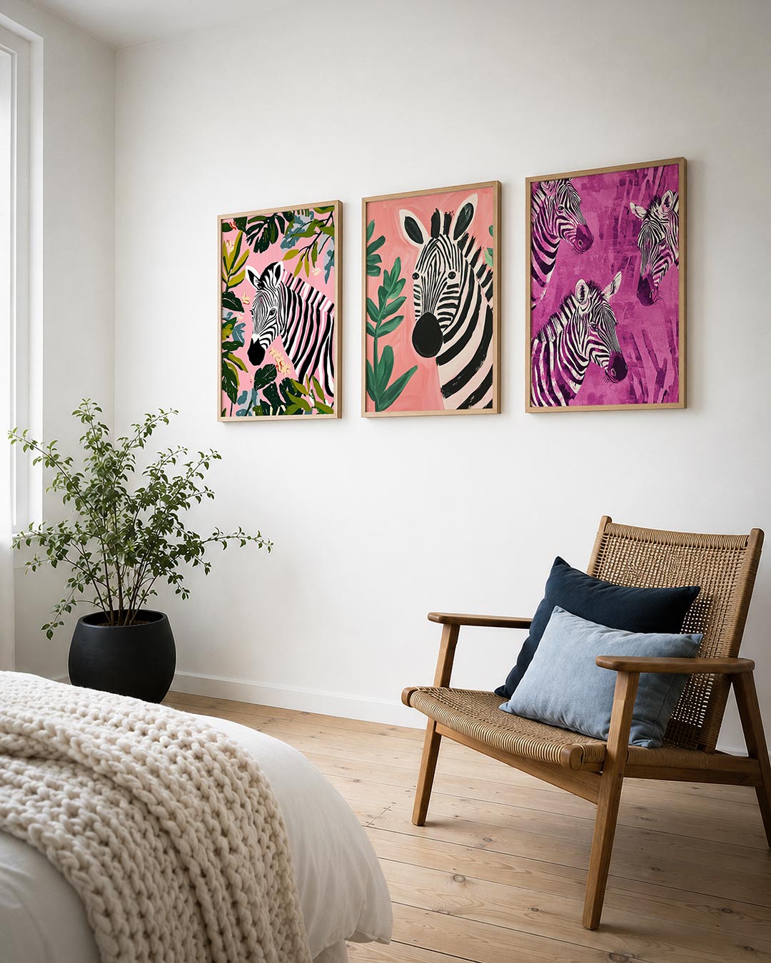 Zebra en bladeren posterset – derde productweergave – een zebra met zwart-witte strepen omringd door groene