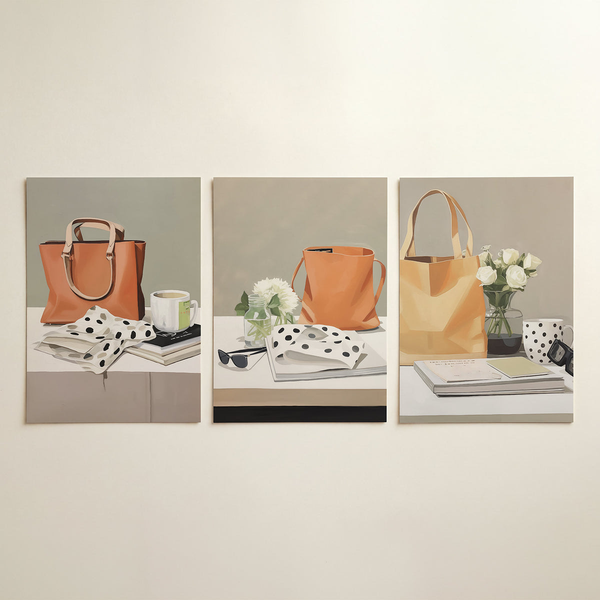 Stilleven met tas – driedelige posterset in tweede interieur