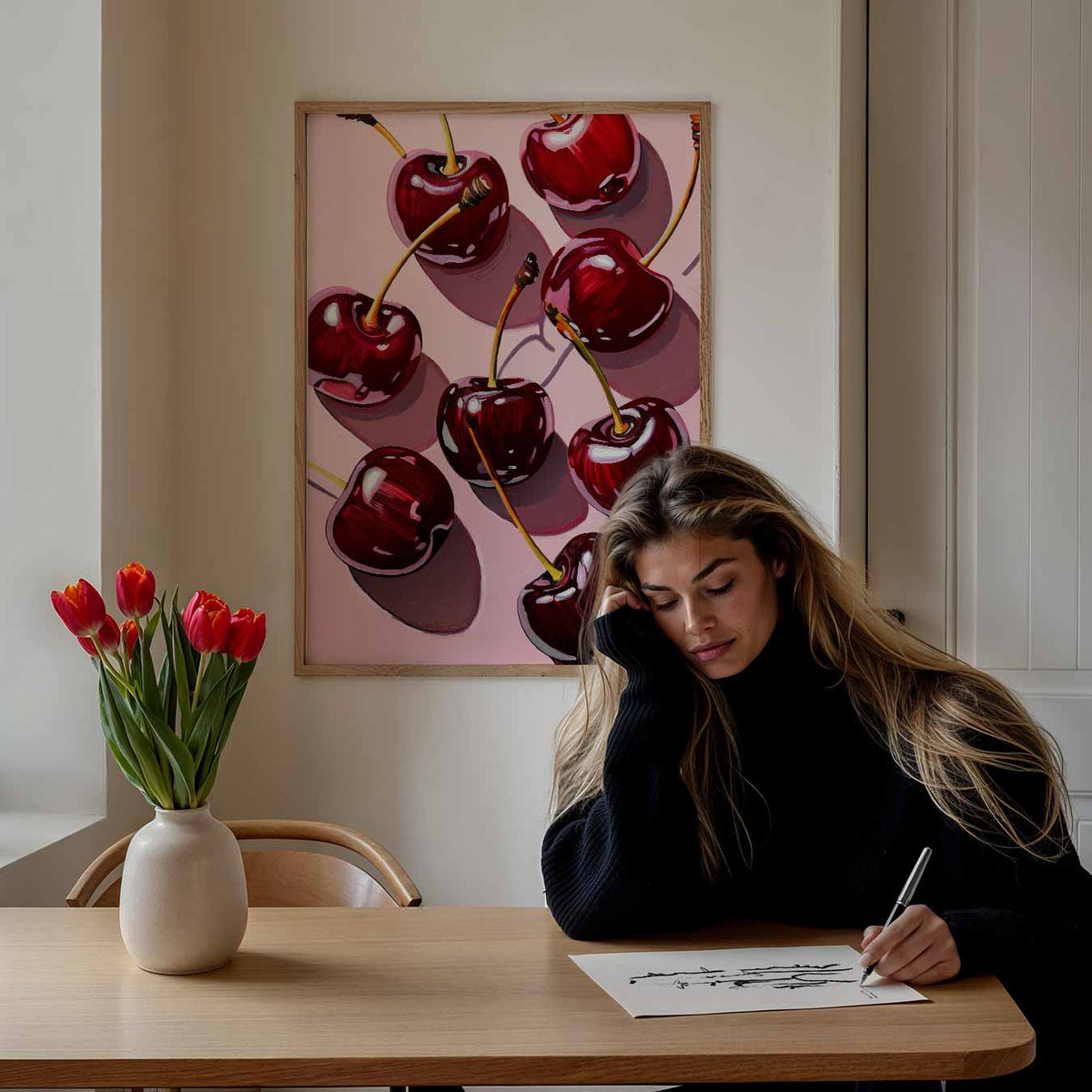 Kersen op Zomerse Tafel – staande muurposter met zomerse uitstraling
