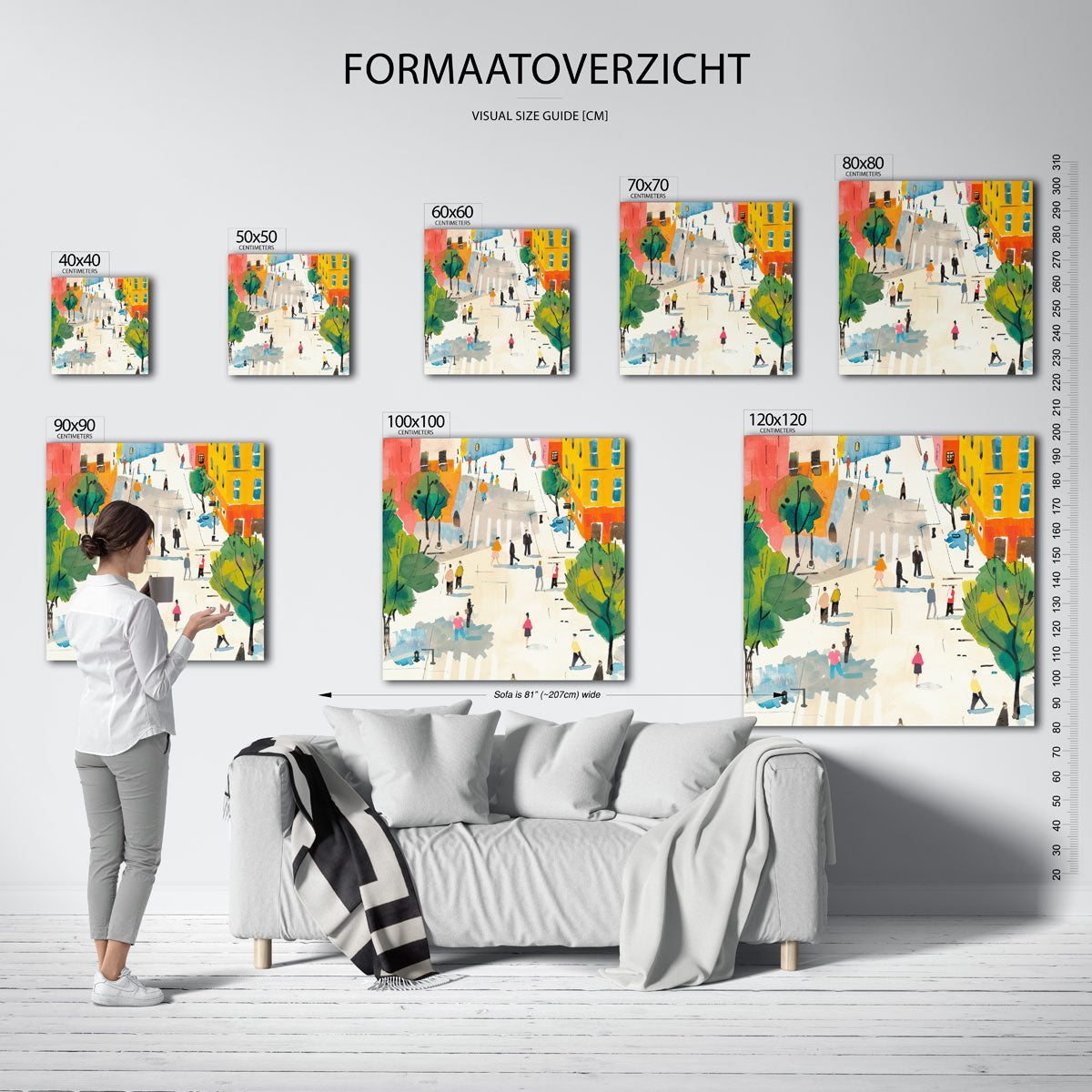 Straatscène met mensen – vierkante muurposter met kleurrijke illustratie