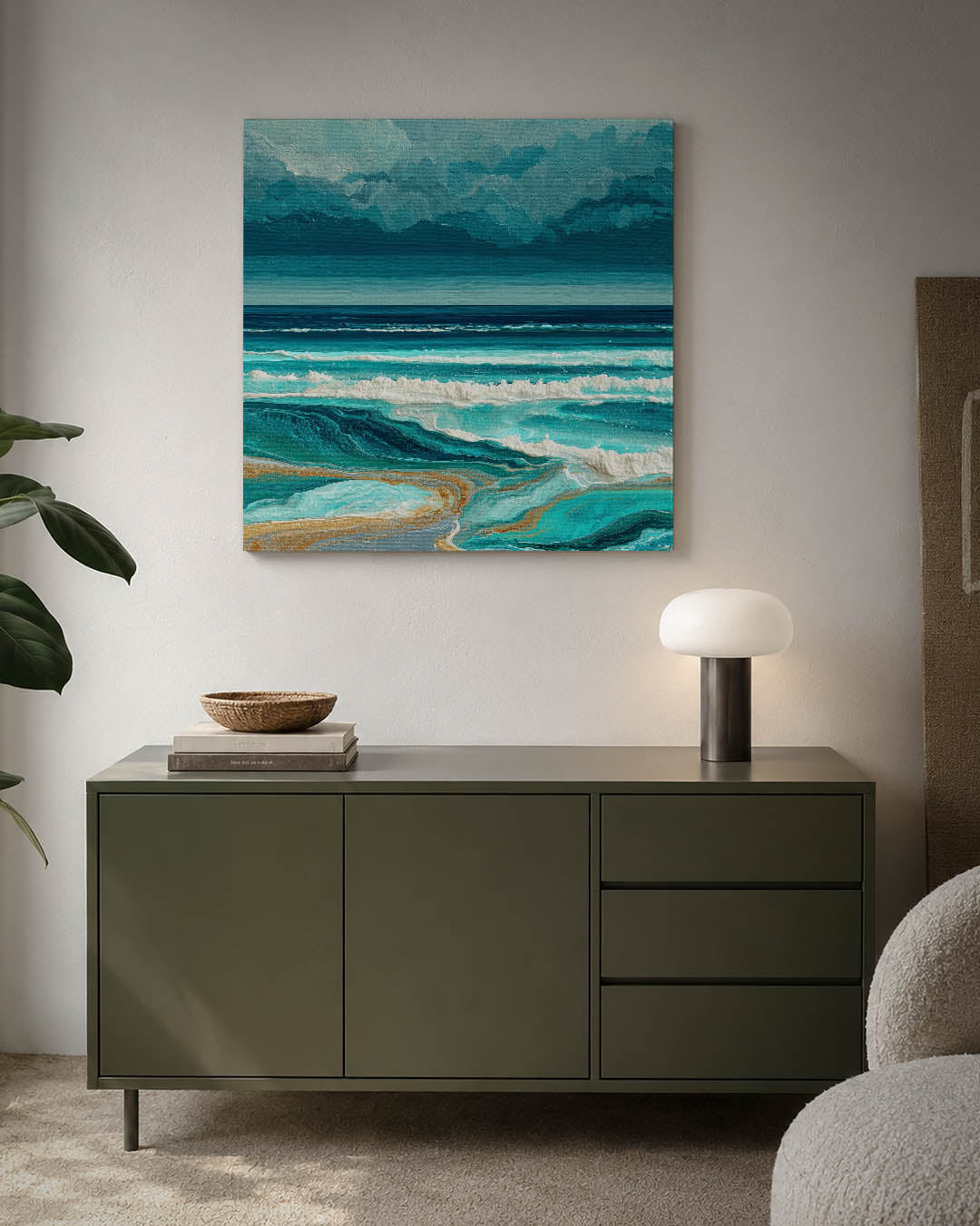 Golvend zeezicht kunstwerk – detailweergave – dit werk toont een dynamisch zeegezicht met golvende lijnen en rijke
