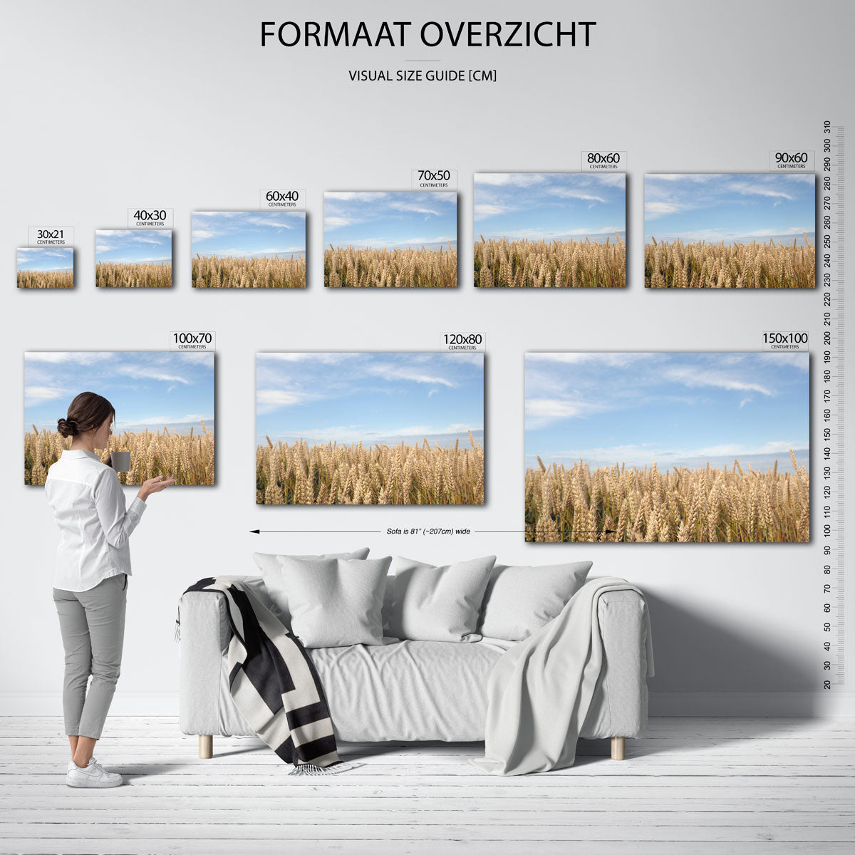 Gouden tarweveld poster – sfeerbeeld – deze poster toont een uitgestrekt tarweveld onder een heldere blauwe hemel. De gouden