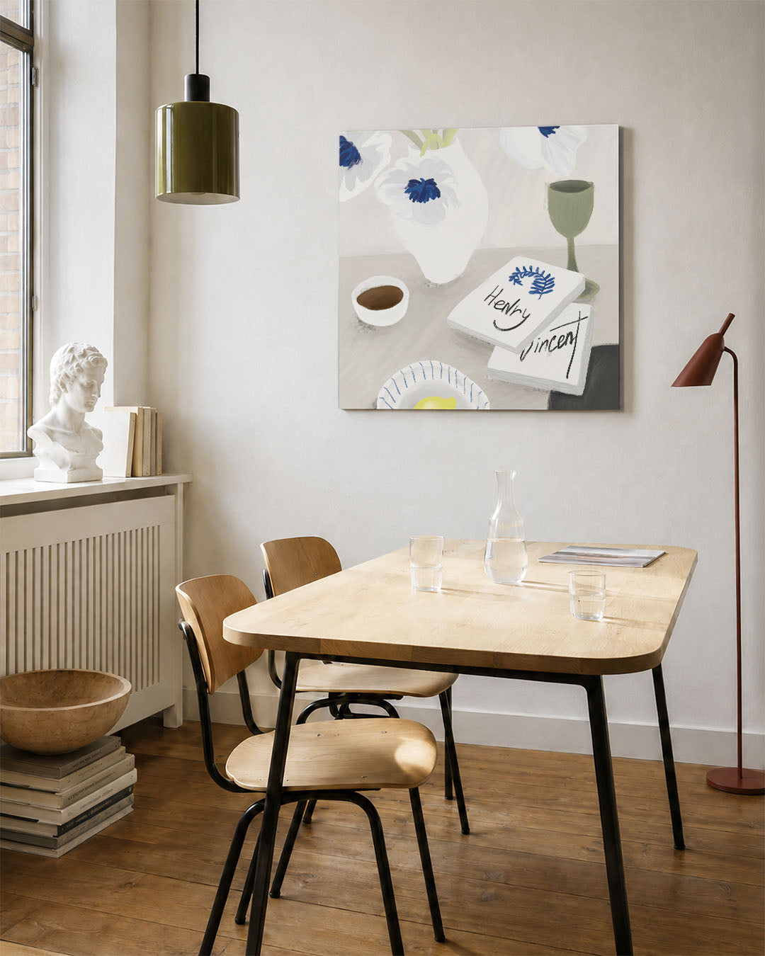 Bloemen en boeken kunstwerk – vierkante wanddecoratie – dit kunstwerk toont een stilleven met witte bloemen in een vaas