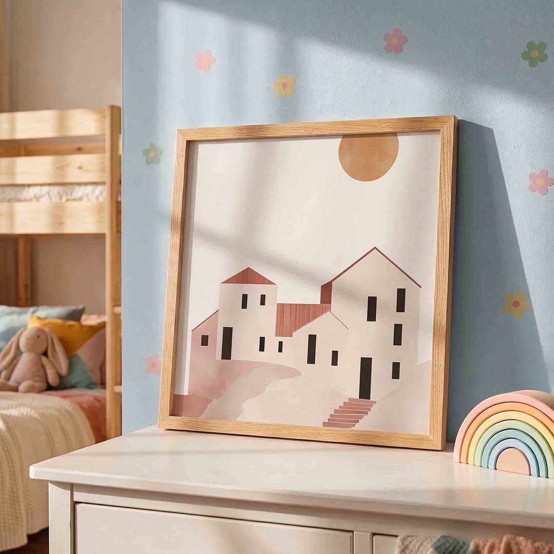 Minimalistische gebouwen – speelse wandkunst als vierkante kinderposter