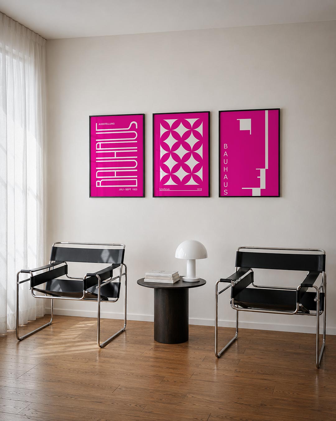 Lijnen en kleurvlakken posterset – tweede productweergave – deze poster heeft een felroze achtergrond met witte, horizontale