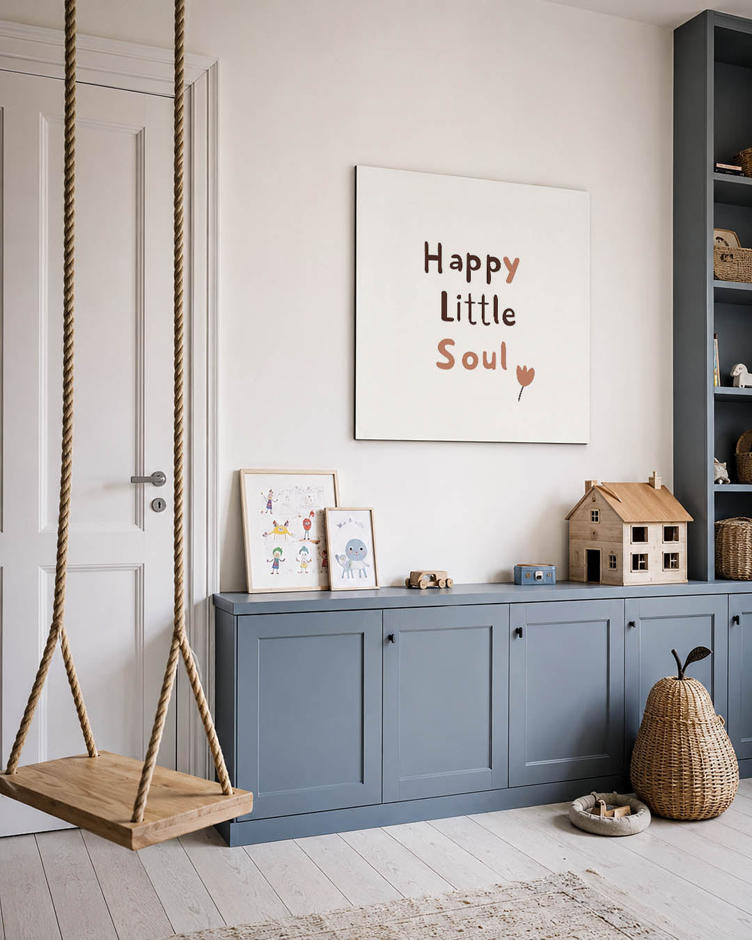 Vrolijke tekst kunstwerk – vierkante wanddecoratie – dit werk toont een positieve boodschap in speelse letters met een kleine