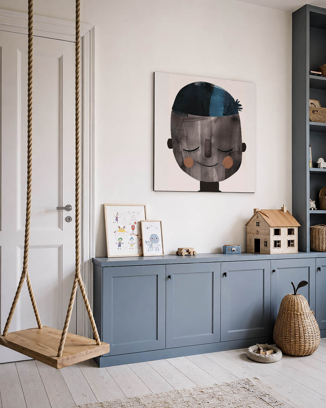Vrolijk gezicht portret kunstwerk – vierkante wanddecoratie – dit werk toont een eenvoudig, vrolijk gezicht met gesloten