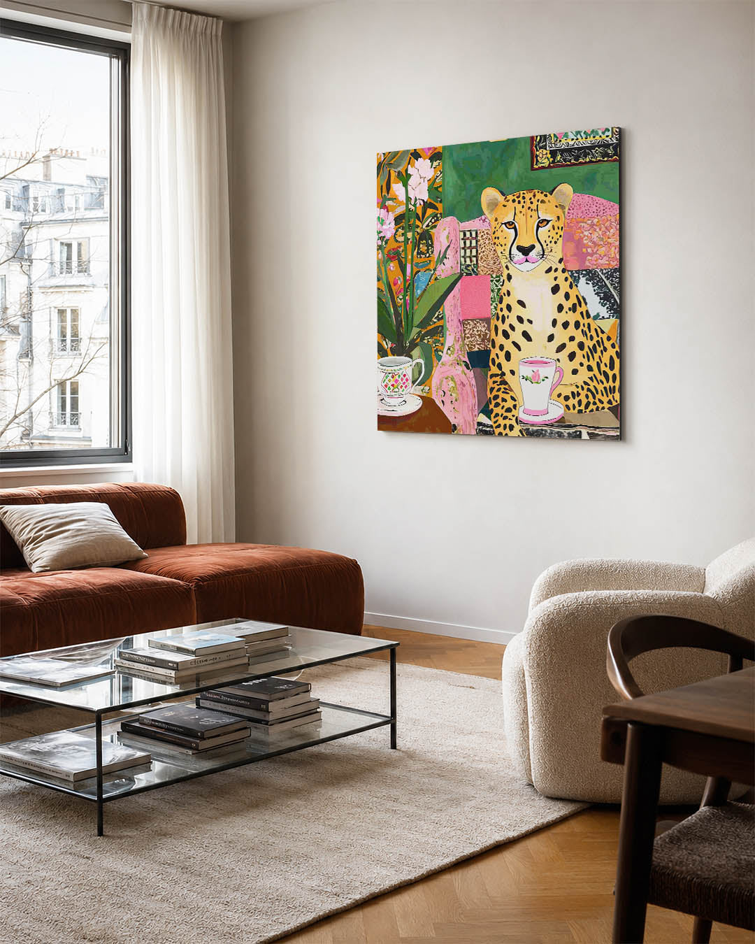 Vrolijke dierenkamer kunstwerk – vierkante wanddecoratie – dit werk toont een kleurrijke compositie met een luipaard in een