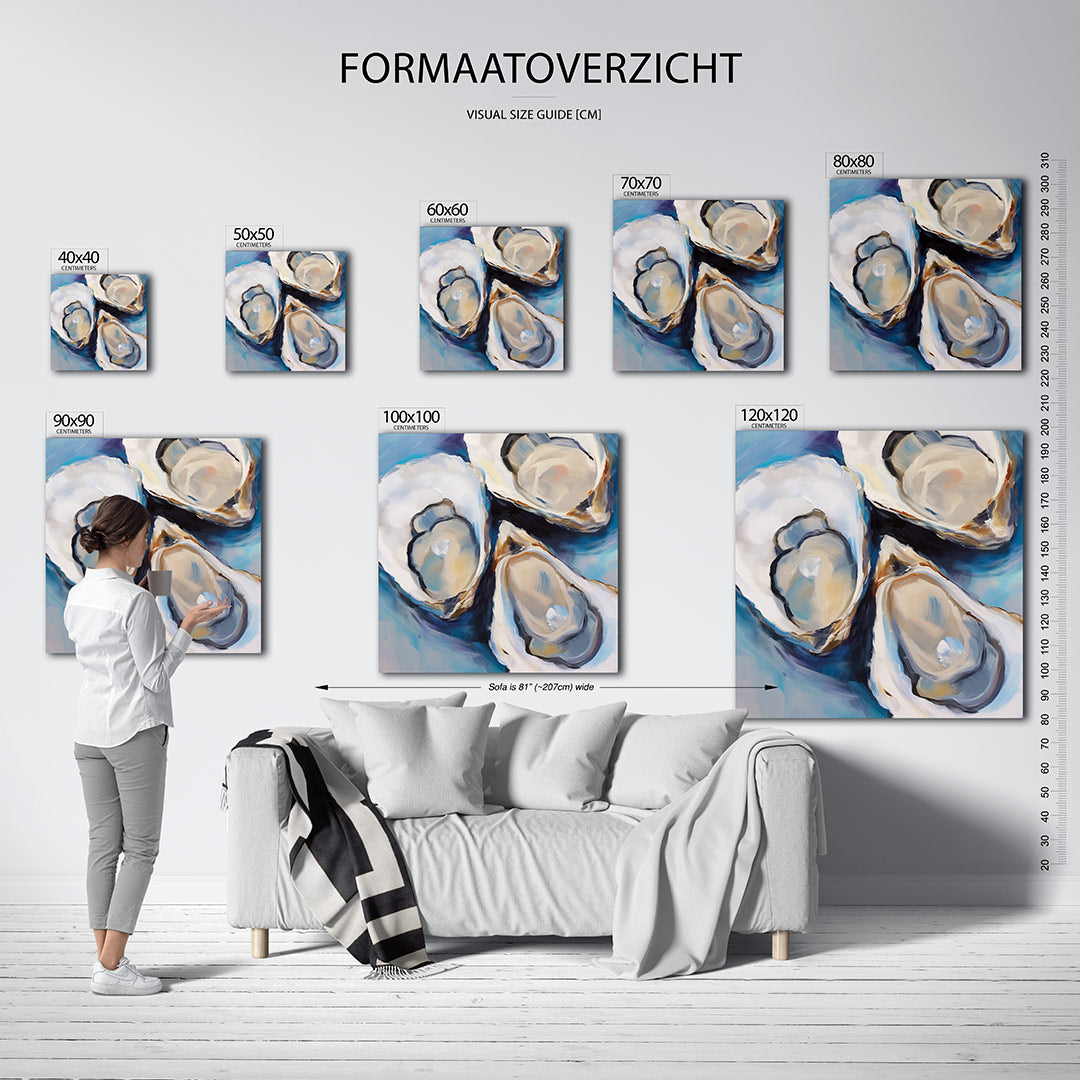 Dynamische oesters kunstwerk – sfeerbeeld – dit kunstwerk toont drie oesters met parels, omlijst door vloeiende lijnen en