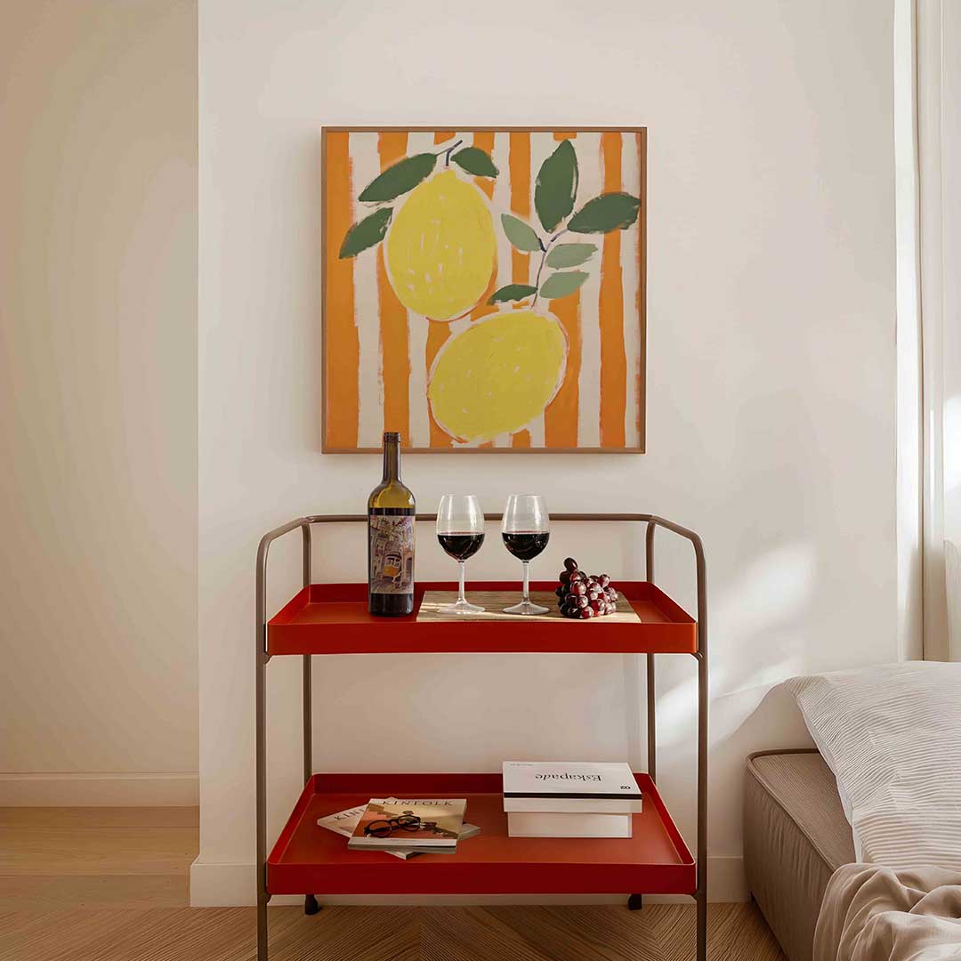 Citroenen met bladeren – vierkante keuken wanddecoratie van WallArtistic