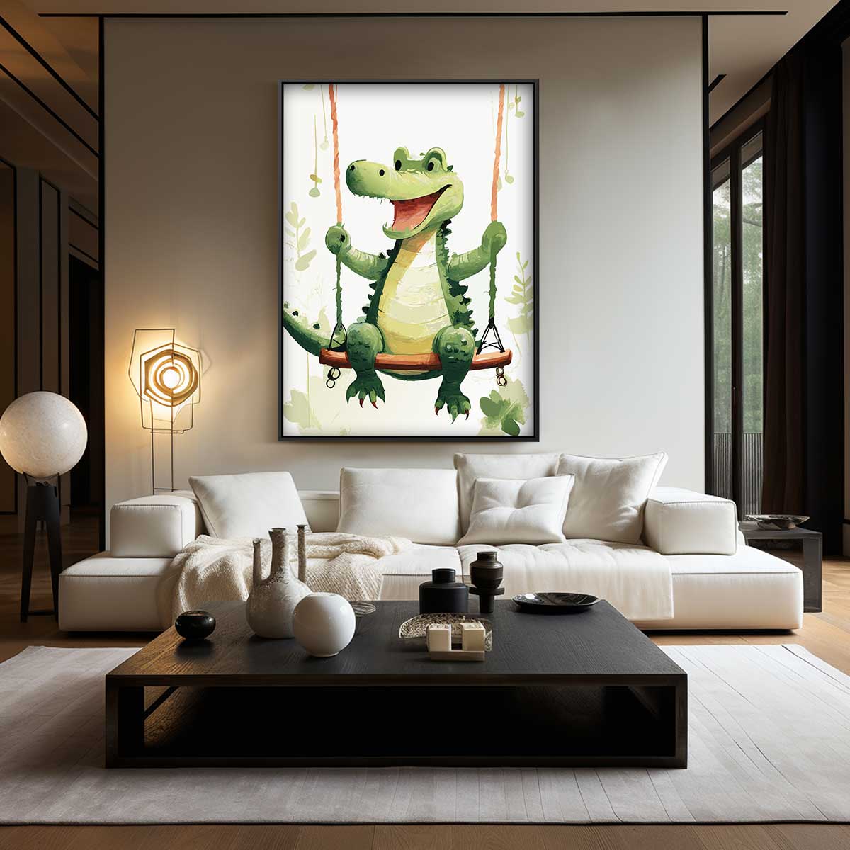 Vrolijke Krokodil op de Schommel – canvas wanddecoratie in portret formaat