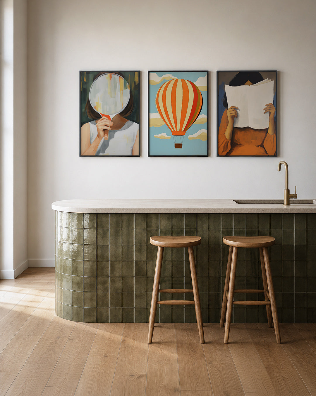 Spiegelvorm en kleur posterset – tweede productweergave – een hand houdt een spiegel vast, met zachte kleuren en