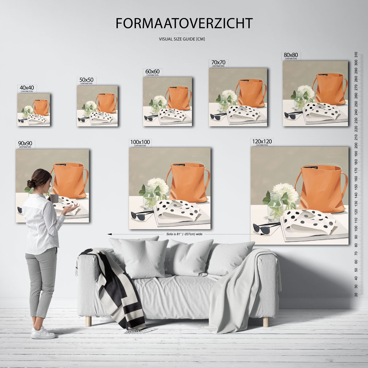 Oranje tas en bloemen – vierkante muurposter met kleurrijke vormen