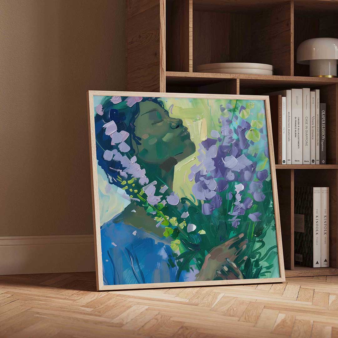 Vrouw met bloemen – vierkante portret wanddecoratie van WallArtistic