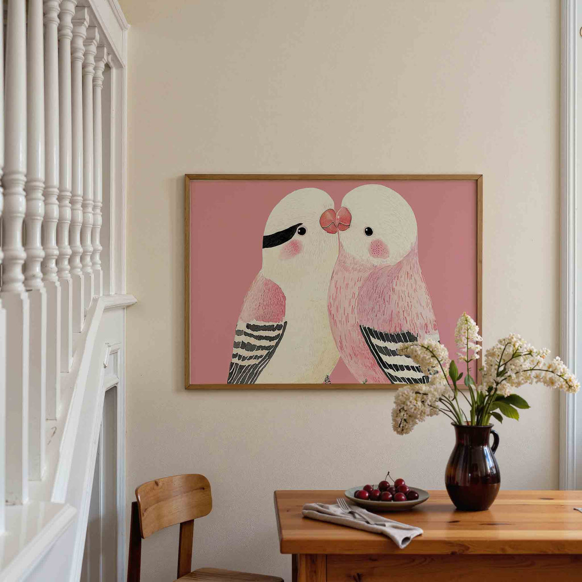 Twee vogels op roze – dieren poster in liggend formaat