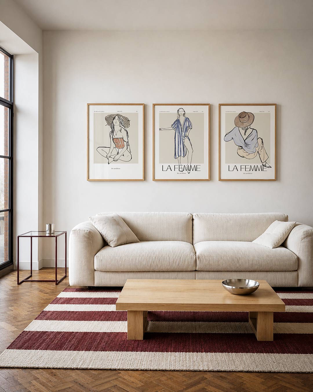 Lijnenspel en kleur driedelige posterset – een vloeiende lijntekening van een zittende figuur met een rood