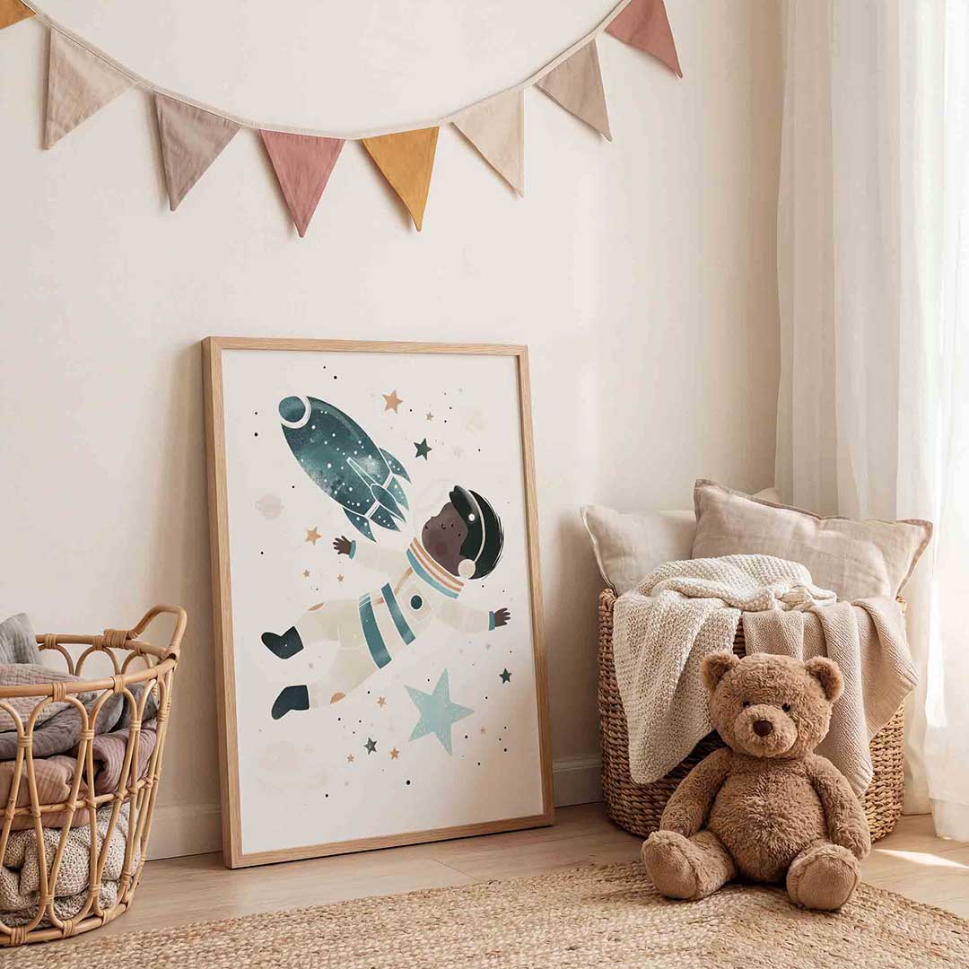 Astronaut en raket – speelse wandkunst als portret kinderposter