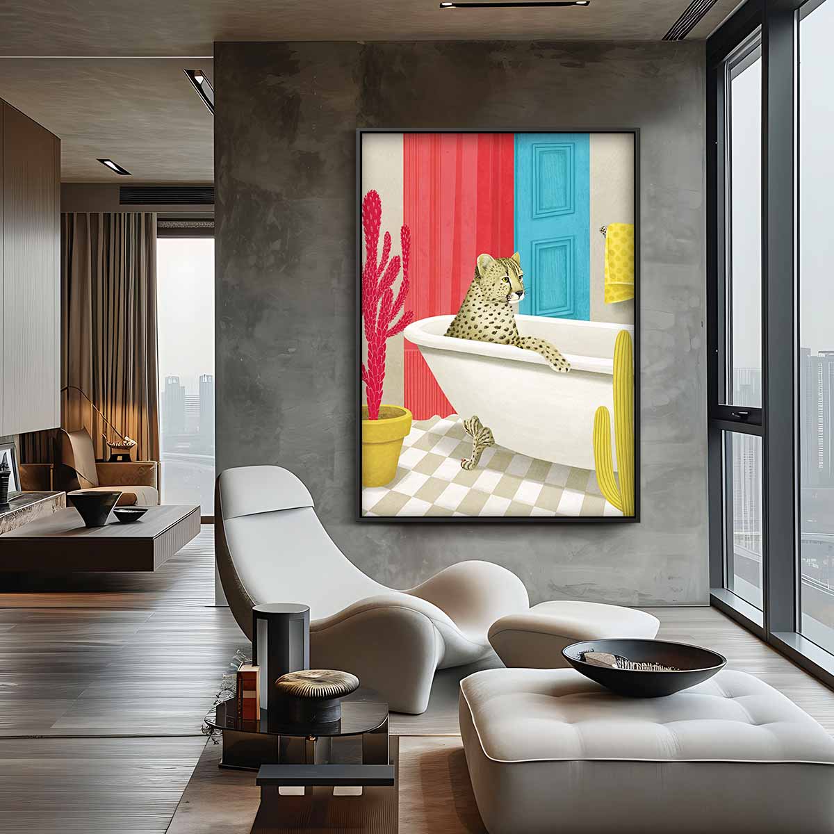 Luierende Luipaard in Stijlvol Bad – canvas wanddecoratie in portret formaat