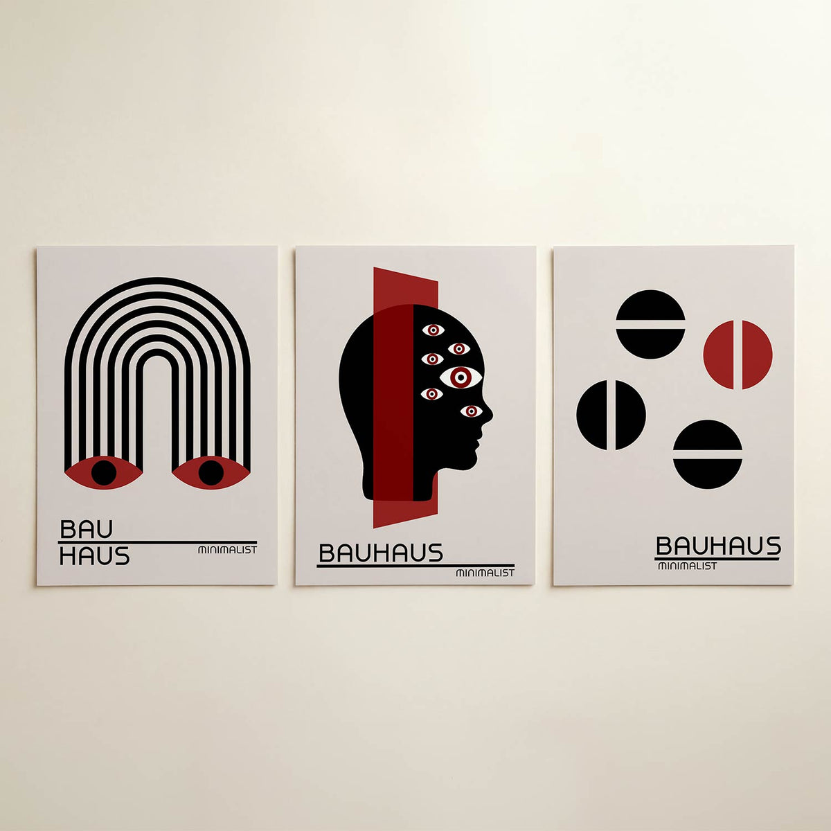 Lijnen en ogen posterset – detailweergave – deze posterset toont een boog van zwarte lijnen met twee rode ogen aan de basis.