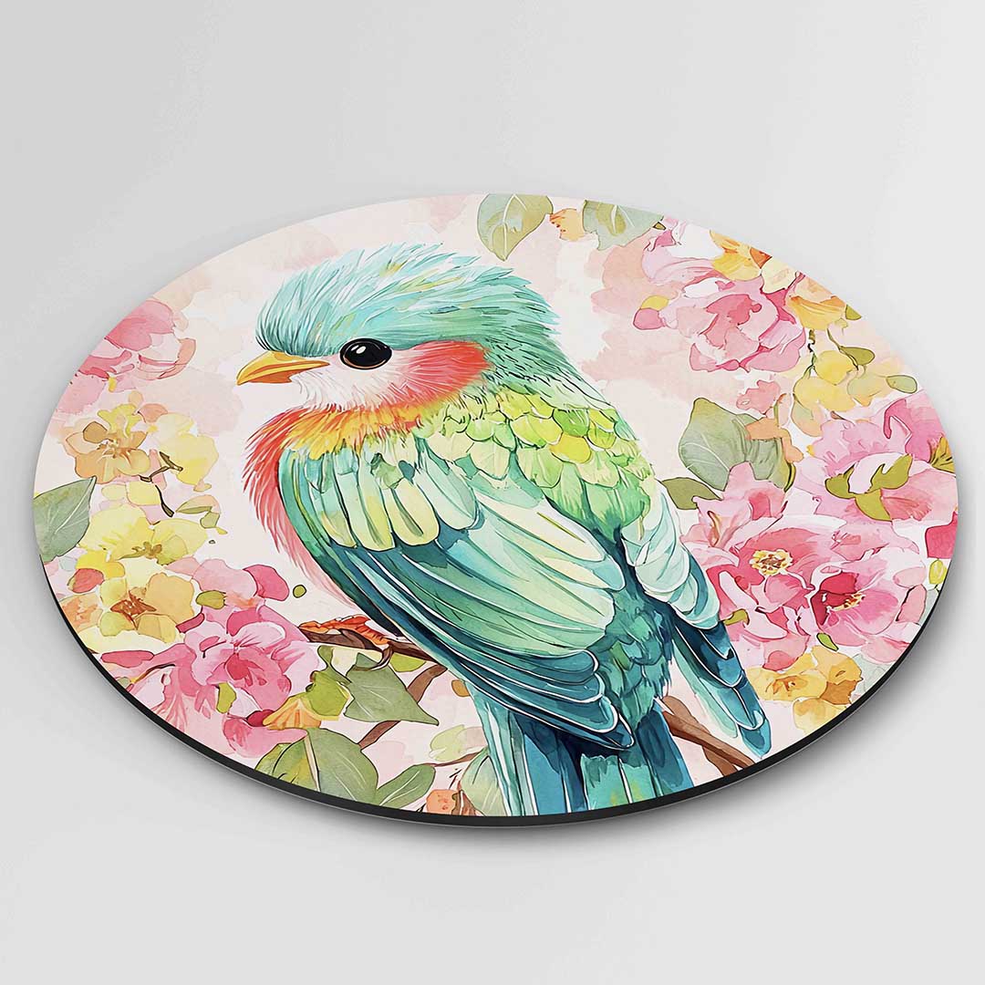Vogel en bloemen – geïllustreerde wandkunst als moderne muurcirkel