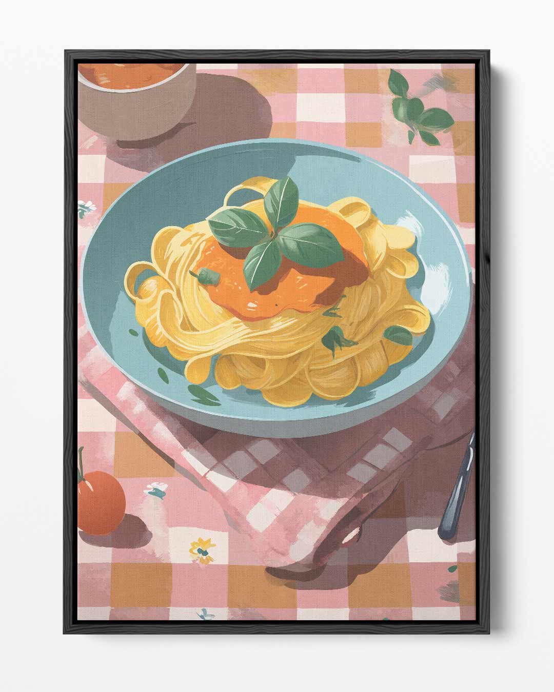 Pasta op Geblokt Tafelkleed – portret kunstwerk als wanddecoratie