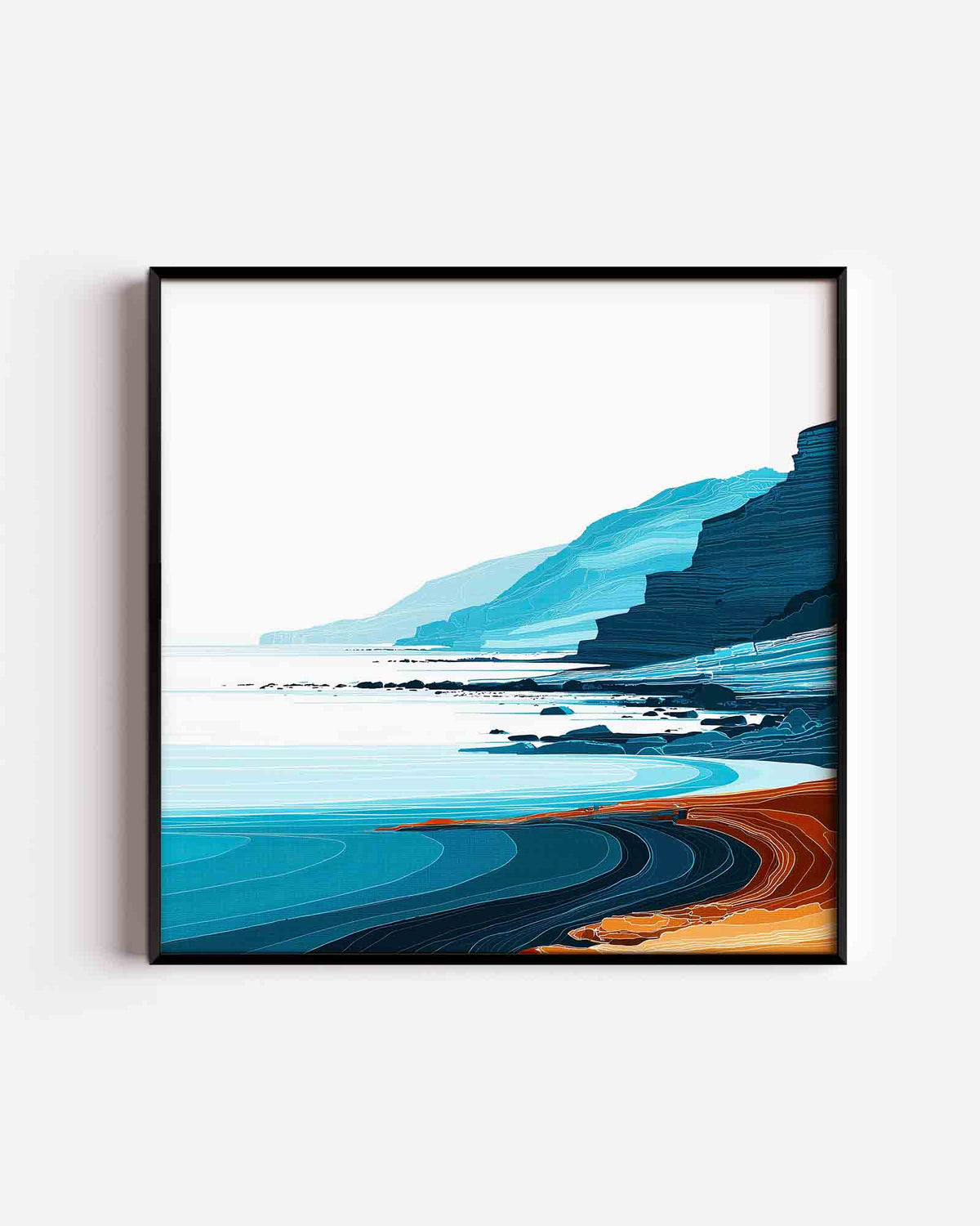 Kustlijn met blauwe en oranje tinten – abstracte vierkante poster als wanddecoratie
