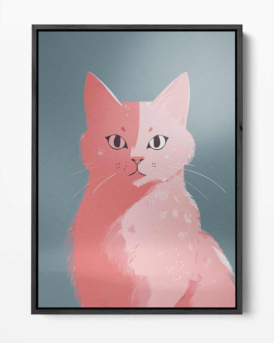 Roze Kat op Blauw Achtergrond – portret kunstwerk als wanddecoratie