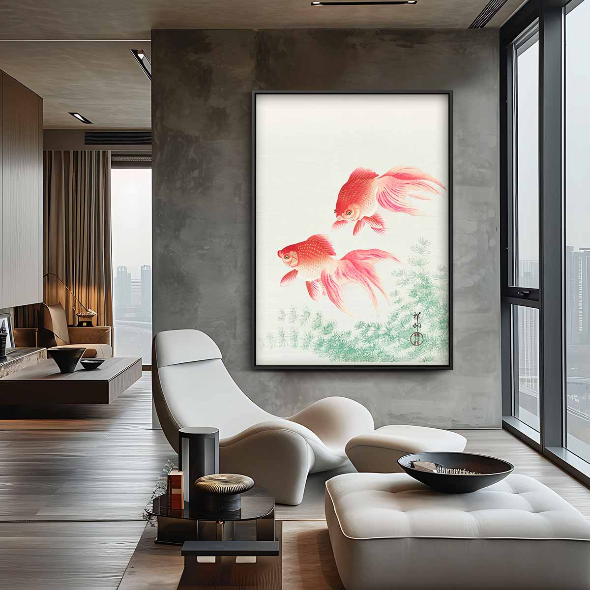 Elegante Koi in Beweging – dibond wanddecoratie in staand formaat