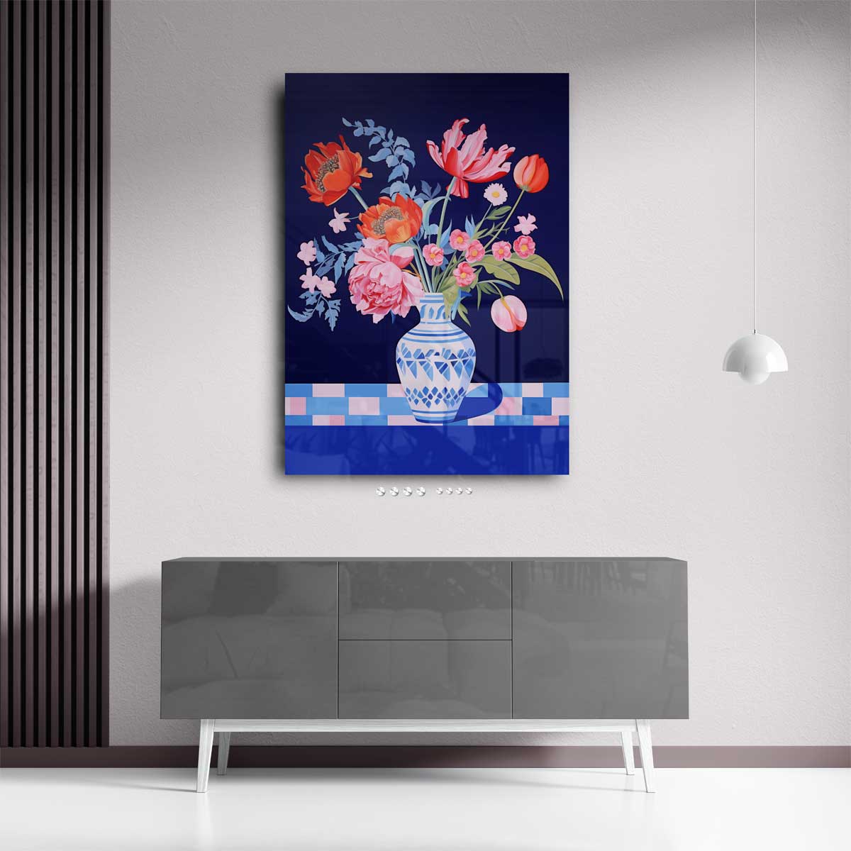 Bloemenpracht in Blauwe Vaas – kunstwerk met zwarte baklijst