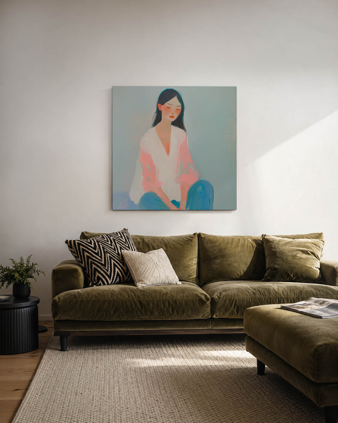 Dromerige vrouw kunstwerk – derde productweergave – dit kunstwerk toont een serene vrouw in zachte kleuren. De vloeiende