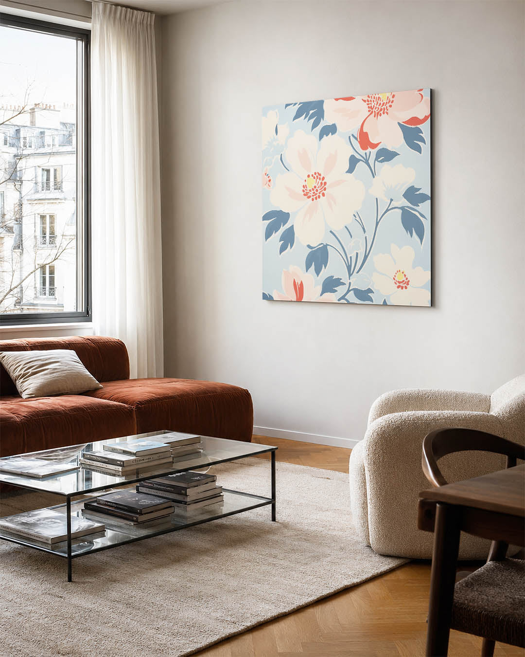 Bloemmotief met zachte tinten kunstwerk – vierkante wanddecoratie – dit werk toont grote bloemen in zachte tinten, omlijst