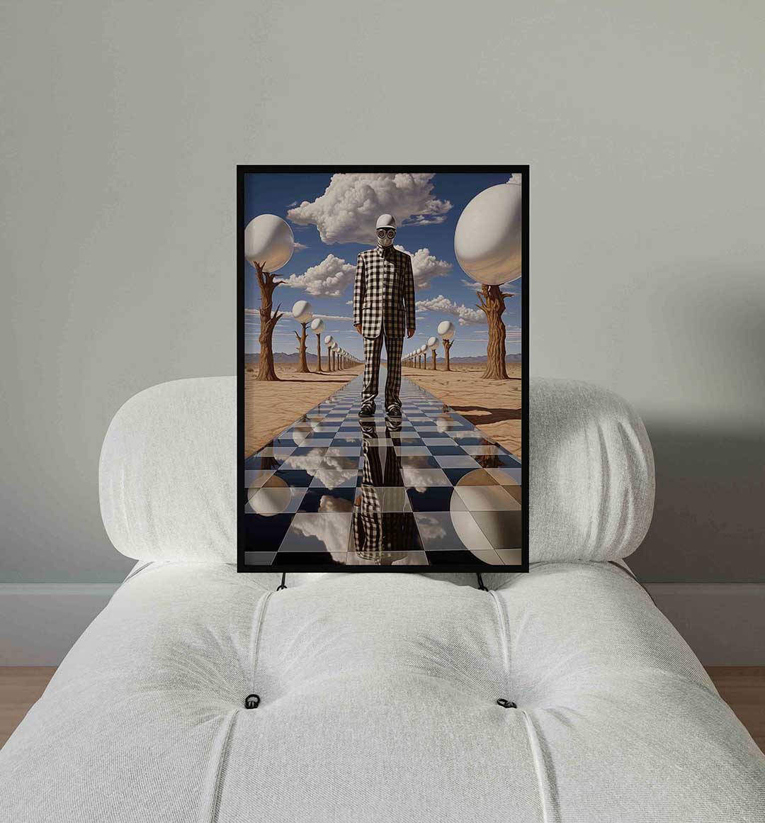 Geblokte figuur en bollen – staande surrealistische wanddecoratie van WallArtistic