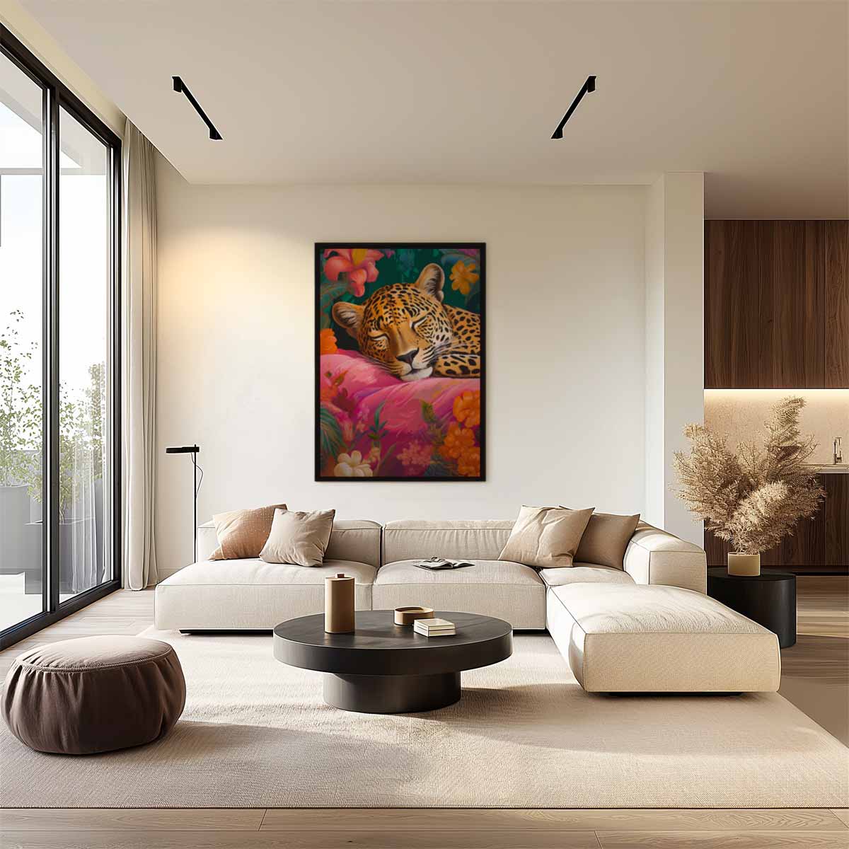 Dromerige Luipaard in Bloemenparadijs – staand kunstwerk voor modern interieur