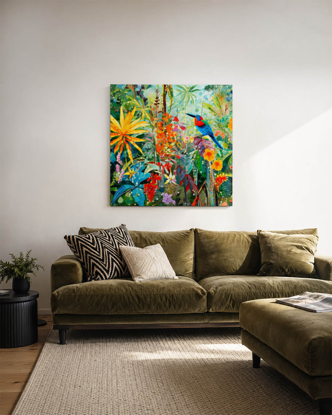Vrolijke jungle scène kunstwerk – sfeerbeeld – dit kunstwerk toont een kleurrijke jungle met een levendige vogel en diverse