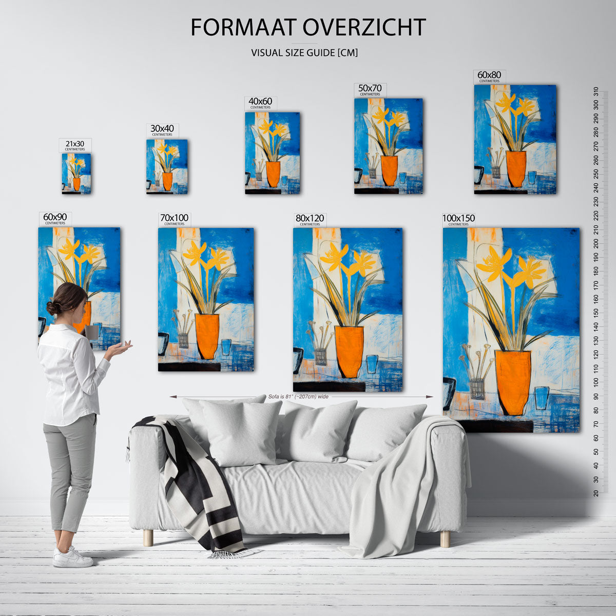 Gele bloemen in oranje vaas – staande muurposter met kunst en design