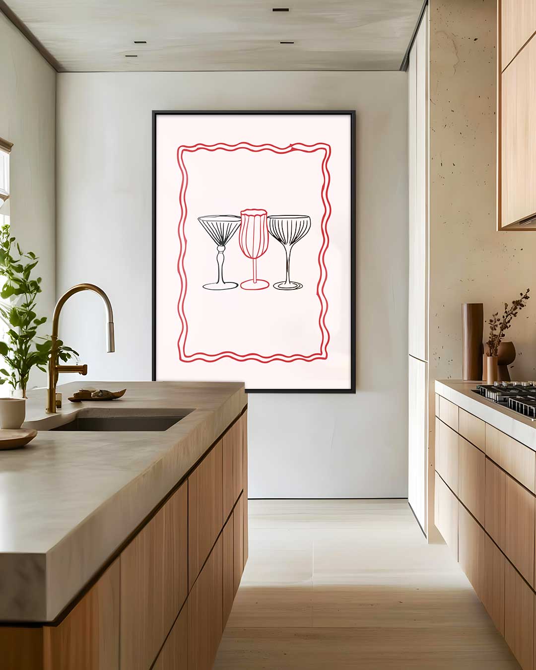Drie Glazen in Rood en Zwart – staand kunstwerk voor modern interieur