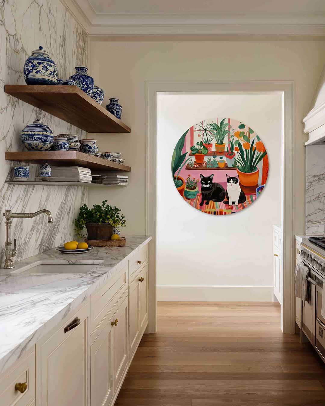 Planten en katten – moderne abstracte muurcirkel voor aan de muur