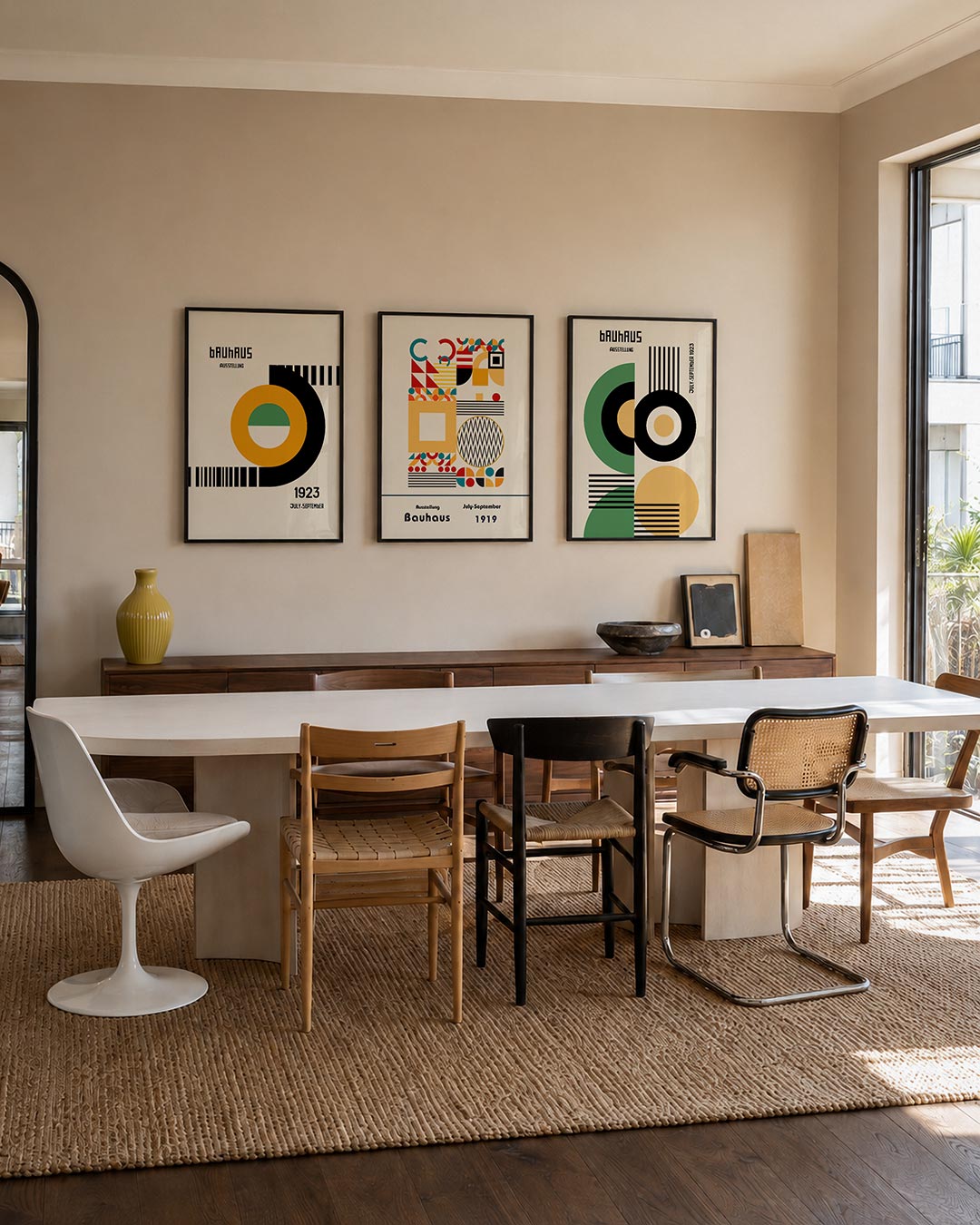Kleurrijke cirkelcompositie driedelige posterset – deze posterset in drie delen toont een dynamisch spel van oranje en zwarte