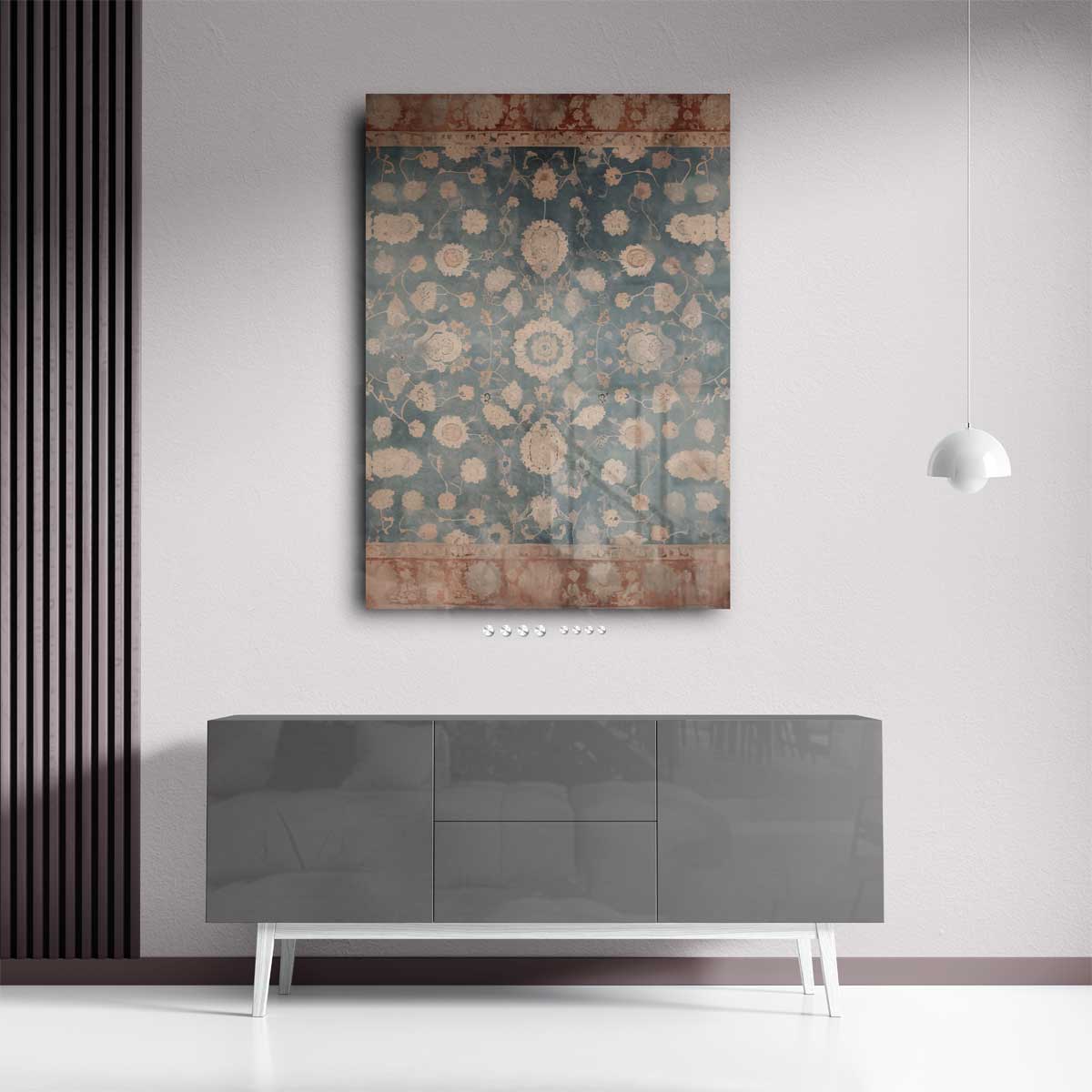 Tijdloze Bloemenpracht op Blauw Tapijt – staand kunstwerk voor modern interieur